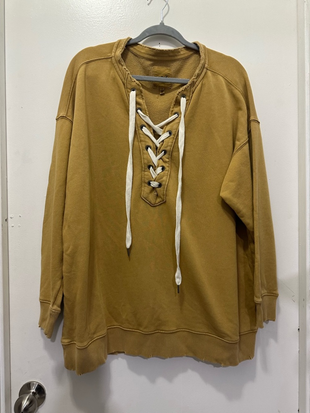 Aerie Relaxed Fit Yellow Mustard Sweatshirt Lace-up Tie Front Sz L - Picture 2 of 7